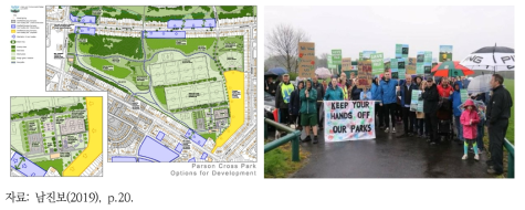 공원부지의 민간개발 사례(좌: 토지이용계획도, 우: 주민 반대시위 모습)