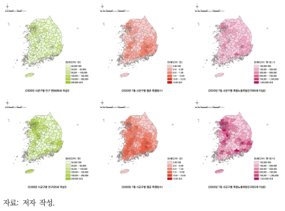 2020-2060년 시군구별 폭염 노출위험인구 및 변화(7월, 65세 이상)