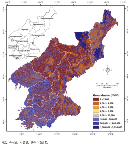북한의 개발 가능한 지하수 부존량 분포도