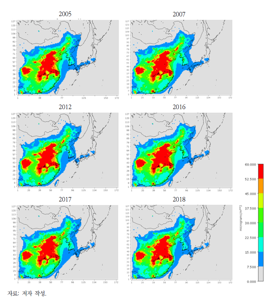 모델 모의된 대표연도별 동아시아 지역 연평균 PM2.5 농도 분포 비교
