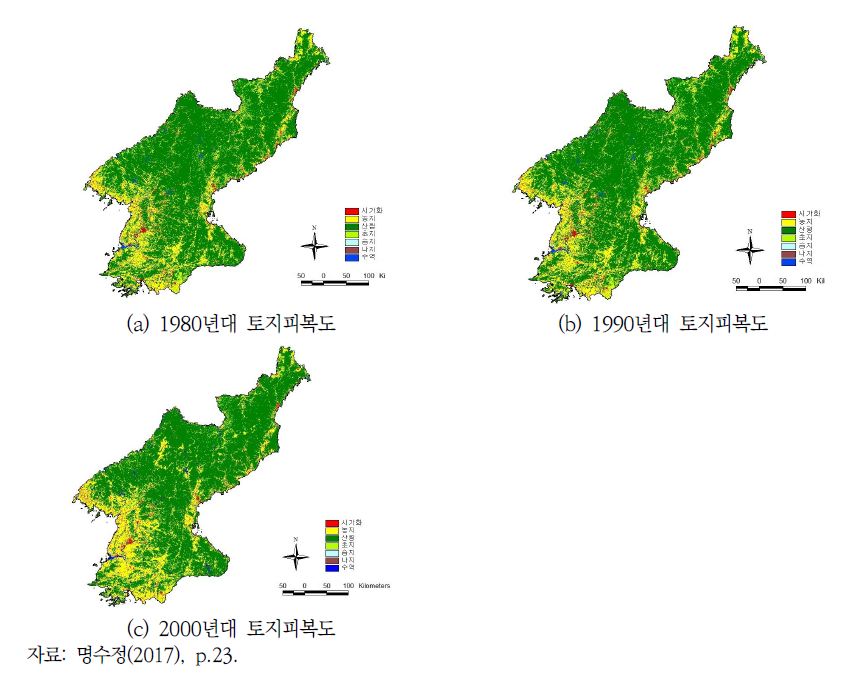 북한의 토지피복 변화(1980~2000년대)