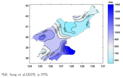 북한 연평균강수량의 공간적 분포