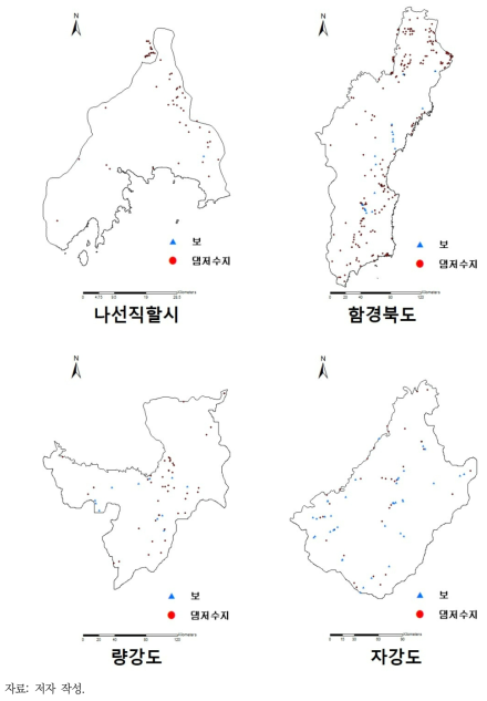 북한 행정구역별 댐/저수지 및 보 위치 현황