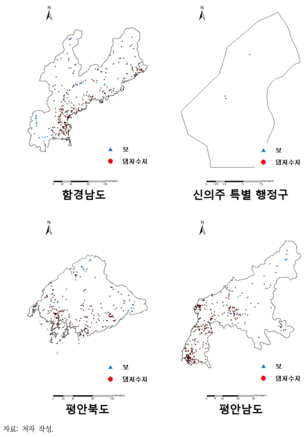 북한 행정구역별 댐/저수지 및 보 위치 현황