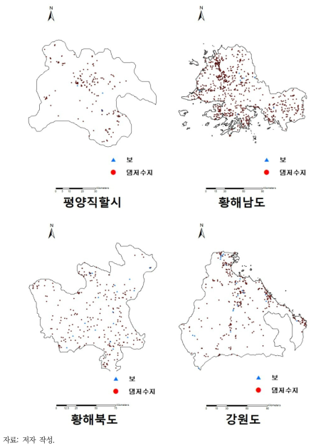 북한 행정구역별 댐/저수지 및 보 위치 현황