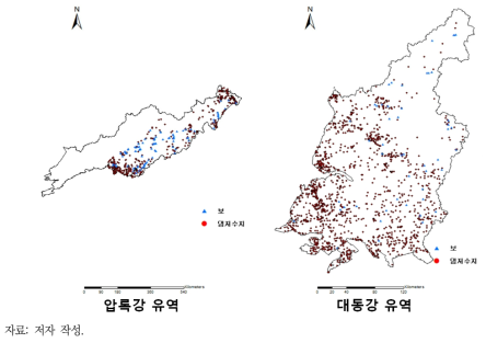 북한 수계별 댐/저수지 및 보 위치 현황