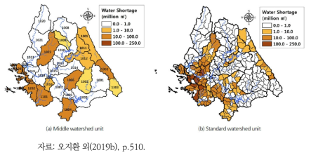 2015년 한강권역 물 부족량 산정 결과: (a) 중권역 단위, (b) 표준유역 단위