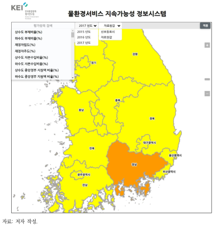 물환경 서비스 지속가능성 정보시스템 지도 화면