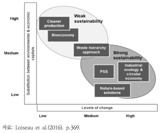 녹색경제 관련 개념의 구분: 약한-강한 지속가능성