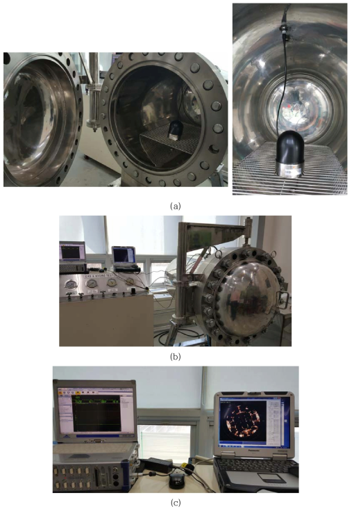 압력시험 (KTL) (a) 압력 chamber 내 설치된 시제품 (b) chamber 가압 (c) 가압중 제품 작동 검사