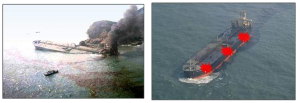 씨프린스 사고 (1995년 전남 여수, 벙커씨유 5천톤 유출) 및 허베이 스피리트 (2007년 충남 태안, 원유 1만 2천톤 유출) 해양오염 사고 모습