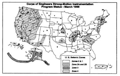 미국 지진구역도 및 미공병단 댐 지진계 운영 현황