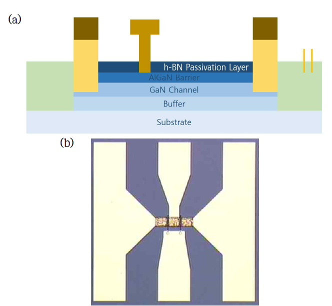 3rd SiN Removing (a) Schematic cross-section, (b) 3rd SiN removing 후 공정이 완료된 질화갈륨 기반 내방사선 고주파 소자 사진