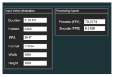 실행 중인 프로그램의 상태창 캡쳐 결과. 처리 중인 비디오 해상도 등 입력 정보(좌) 및 처리 속도 정보(우) 표시