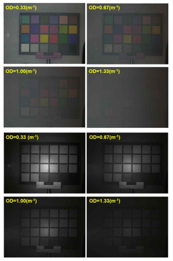 OD 값의 변화에 따른 백색광(upper) 및 NIR 분광 영상 (lower)