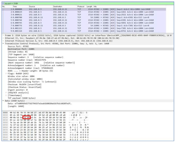 열화상 카메라 데이터 프레임 분석(Wireshark 캡쳐)