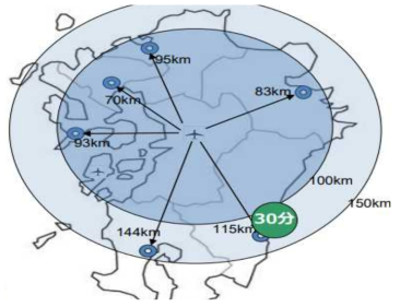 구마모토현의 광역방재거점 위치 및 주변 이동거리