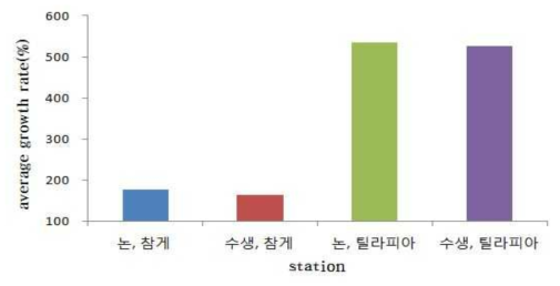 현장적용 실험 참게, 틸라피아 평균 성장률