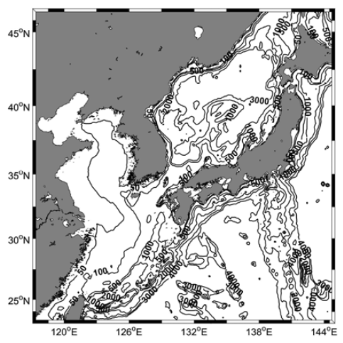 황해· 동중국해 모델. 모델의 영역과 수심. 검정실선들은 50, 100, 500, 1000, 2000, 3000, 4000 m 등수심선
