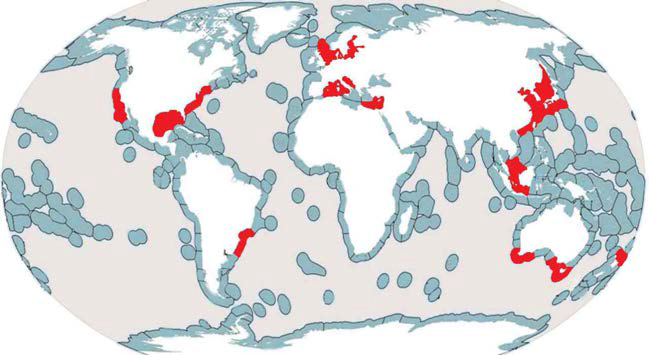 Chattonella spp. 의 분포 생태지역(ecoregions, 빨간색으로 표시)