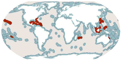 Gambierdiscus caribaeus의 분포 생태지역(ecoregions, 빨간색 표시)