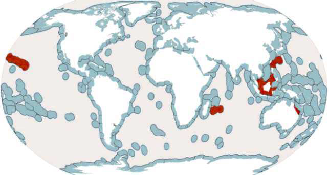 Coolia malayensis의 분포 생태지역 (ecoregions, 빨간색으로 표시)