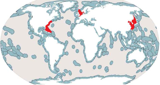Luciella masanensis 의 분포 생태지역 (ecoregions, 빨간색으로 표시)