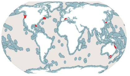 Amphidinium massartii의 분포 생태지역 (Ecoregions, 빨간색으로 표시)