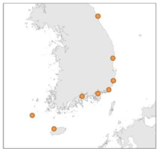 국립수산과학원 해파리 모니터링 주간보고에 의한 국내 연안의 유령해파리(Cyanea nozakii) 출현지역