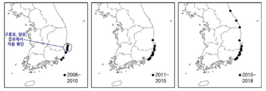 화산따개비(B. perforatus)의 확산(2006년~2018년)