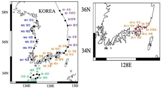 (좌) 황해안, 동해안, 남해안, 제주도 조사지역 총 28개 지역. (우) 진해만 조사지역 총 6개 지역