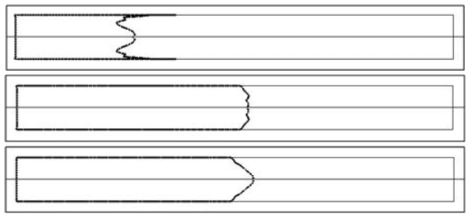 Volume fraction 0.5 line on bottom of the prismatic body. Ca=0(top), Ca=1(middle), present(bottom)