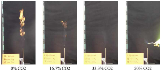 탄화수소-CO2 혼합물에서 CO2 농도에 따른 가연성 실험 결과 (Pursell et al., 2011)