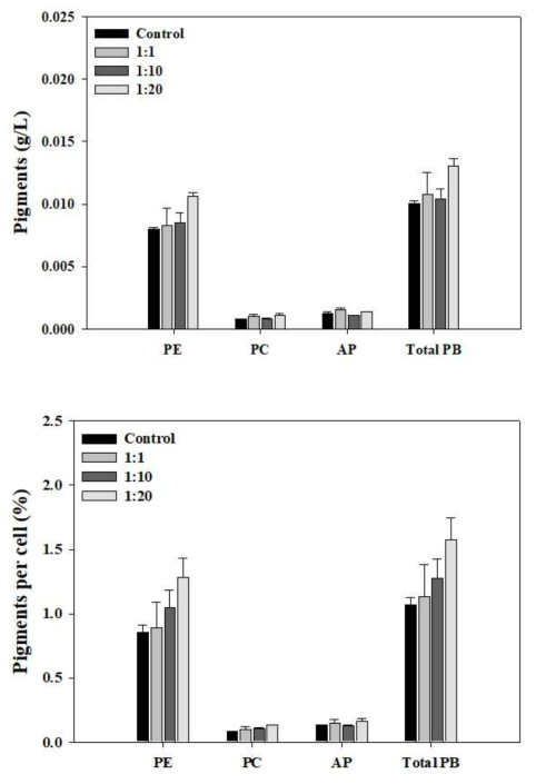 박테리아 MEBiC 03485의 접종 비율에 따른 P. cruentum의 (위) 안료 생산량 변화 및 (아래) 단일 세포 내 안료 함량 변화