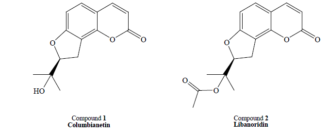 염주괴불주머니로부터 분리된 columbianetin (1)과 libanoridin (2)의 구조