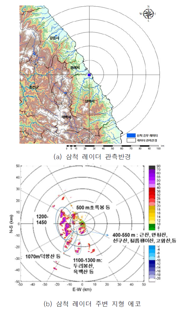 삼척 소형 강우 레이더 관측반경 및 지형에코