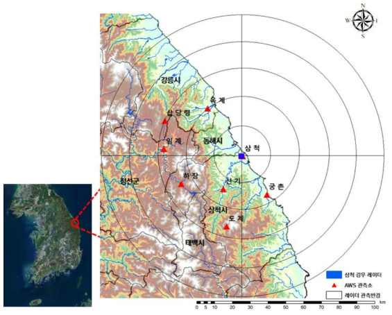 삼척 강우 레이더 관측반경내 AWS 관측소