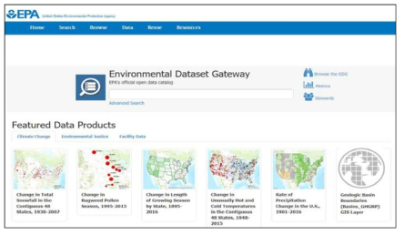 미국 환경보호국이 제공하는 통합 정보제공 플랫폼 및 제공되는 데이터의 예시 (출처:https://www.epa.gov/geospatial)