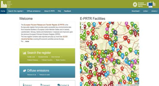 E-PRTR은 30,000여개가 넘는 산업시설의 정보를 공간적으로 제공함