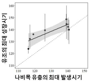 나비목 유충의 최대 발생시기에 따른 곤줄박이 유조의 최대 성장시기 변화