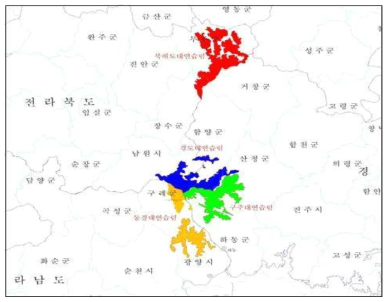 덕유산 및 지리산 권역 대학별 연습림 예정지 분포