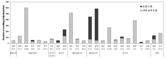 시험조림지별 치수 발생량(본/ha)