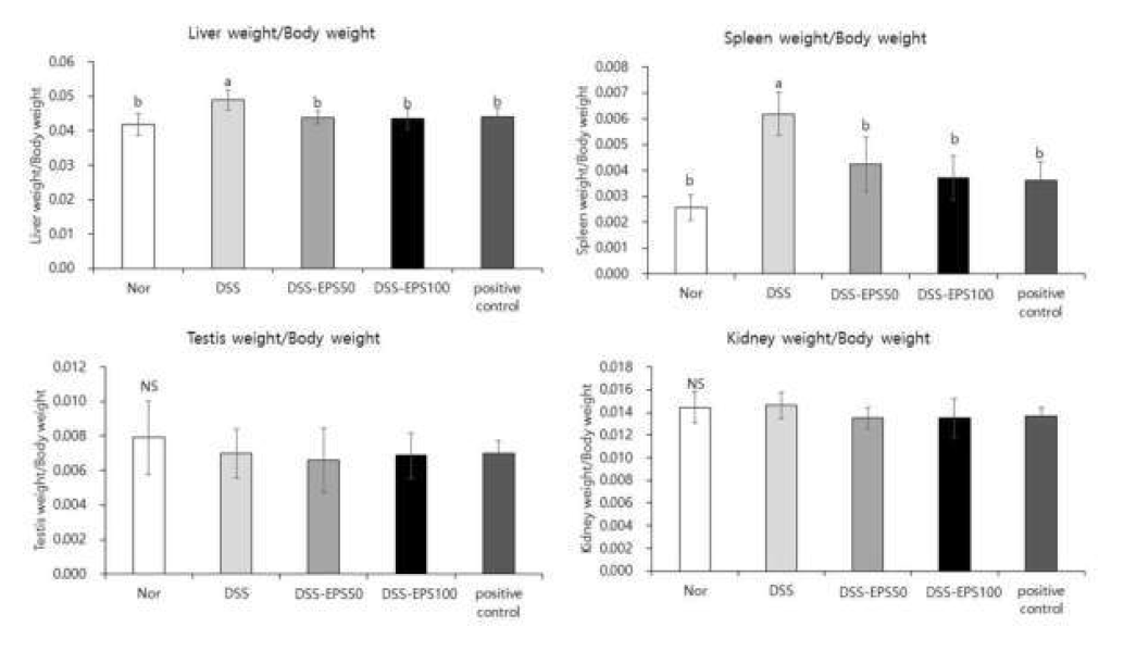 Effects of EPS on the tissue weight per body weight in C57BL/6 mice with DSS induced colitis. Nor: Normal diet. DSS: DSS + Normal diet. DSS-EPS50 : DSS + 50 mg/kg b.w. EPS, DSS-EPS100 : DSS + EPS 100 mg/kg b.w. positive control : DSS + 500 mg/kg b.w. Suflasalazine. a-bMeans with the different letters at the same storage period are significantly different (p < 0.05) by Duncan’s multiple range tests. NSNot significantly different