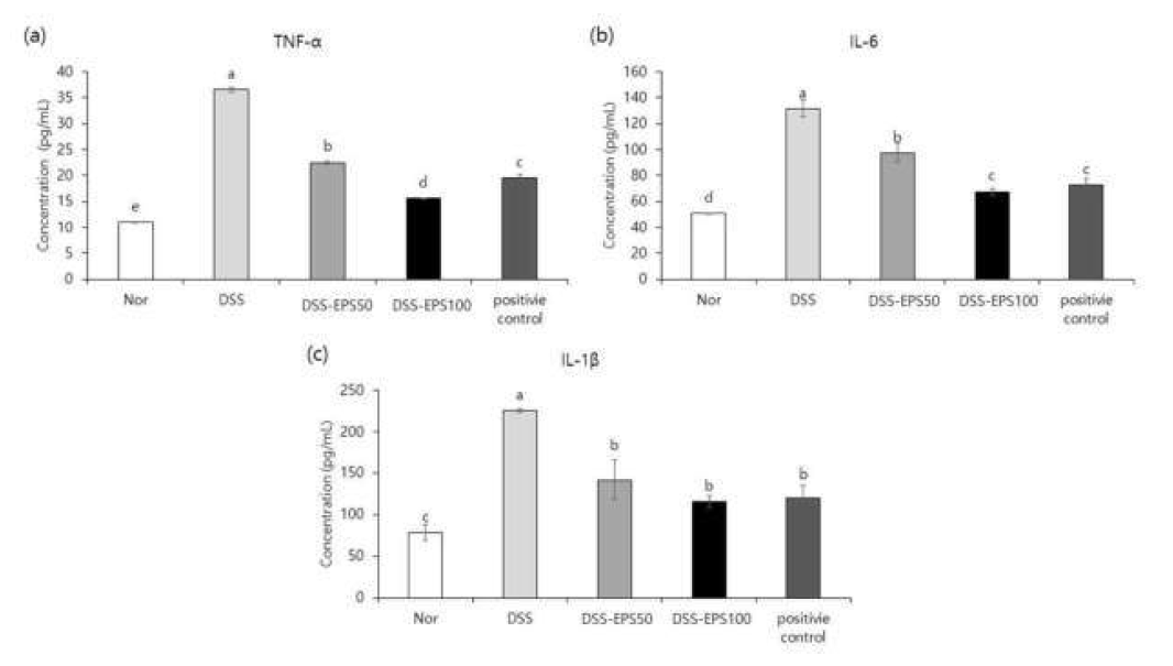 Effects of EPS on serum cytokine levels of TNF-α (a), IL-6 (b) and IL-1β (c) in C57BL/6 mice with DSS induced colitis. Nor: Normal diet. DSS: DSS + Normal diet. DSS-EPS50 : DSS + 50 mg/kg b.w. EPS, DSS-EPS100 : DSS + EPS 100 mg/kg b.w. positive control : DSS + 500 mg/kg b.w. Suflasalazine. a-dMeans with the different letters at the same storage period are significantly different (p < 0.05) by Duncan’s multiple range tests