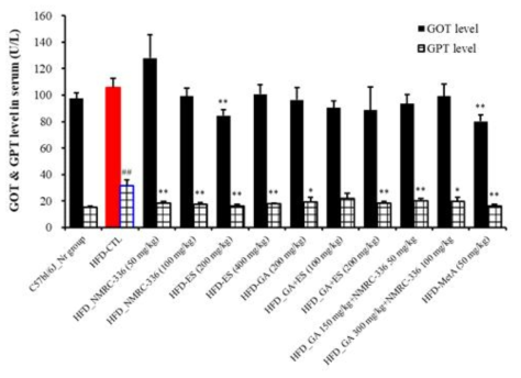 Effect of natural products complex on serum GOT and GPT level in HFD-induced obese mice. Serum GOT and GPT level in obese mice fed high fat diet for 10 weeks. C57bl/6_Nr group, normal diet group; HFD_CTL, 60% high fat diet group; HFD-HFD_NMRC-336 (50 mg/kg);HFD-NMRC-336 (100 mg/kg); HFD-ES (200 mg/kg); HFD-ES (400 mg/kg); HFD-GA (200 mg/kg); HFD-GA+ES (100 mg/kg); HFD-GA+ES (200 mg/kg); HFD-GA 150 mg/kg+NMRC-336 50 mg/kg; HFD-GA 300 mg/kg+NMRC-336 100 mg/kg; and HFD-MetA_50 mg/kg. Serum GOT and GPT levels were analyzed using a Hitachi 7020 Automatic Analyzer. Statistically significant values compared with HFD-CTL by T test (*p<0.05, **p<0.01. **p<0.001. ##p<0.01 vs C57bl/6J_Nr)