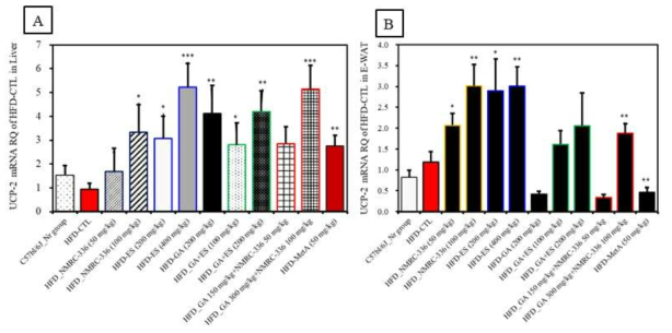 Effect of natural products complex on UCP-2 mRNA gene expression of in HFD-induced obese mice. UCP-2 mRNA gene expression in obese mice fed high fat diet for 10 weeks. C57bl/6_Nr group, normal diet group; HFD_CTL, 60% high fat diet group; HFD-HFD_NMRC-336 (50 mg/kg);HFD-NMRC-336 (100 mg/kg); HFD-ES (200 mg/kg); HFD-ES (400 mg/kg); HFD-GA (200 mg/kg); HFD-GA+ES (100 mg/kg); HFD-GA+ES (200 mg/kg); HFD-GA 150 mg/kg+NMRC-336 50 mg/kg; HFD-GA 300 mg/kg+NMRC-336 100 mg/kg; and HFD-MetA_50 mg/kg. UCP-2 mRNA gene expression in liver (A), and E-WAT (B) tissue was analysis using quantitative real-time PCR (ABi7500, Applied Biosystems, Grand Island, NY, USA). Statistically significant values compared with HFD-CTL by T test (*p<0.05, **p<0.01. **p<0.001. ##p<0.01 vs C57bl/6J_Nr)