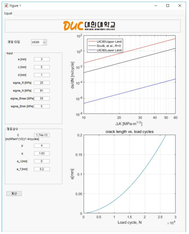 레일내부균열 진전 예측 프로그램(RICRO) 예시 (3) - squat의 경우