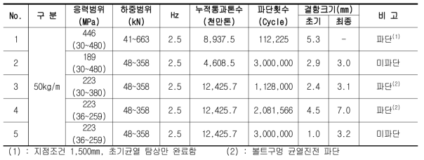 실물 레일피로시험 결과 요약 (2차년도)