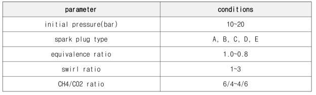 점화 특성을 조사하기 위한 실험 조건