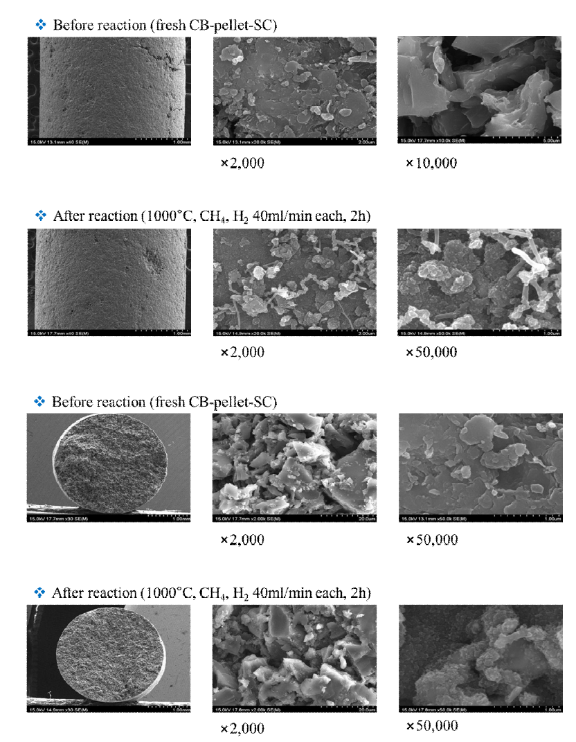 Carbon Black II 촉매의 반응전후 표면(위), 단면(아래)의 SEM image